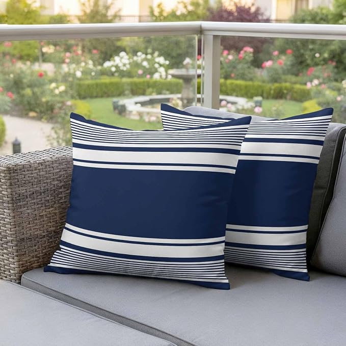 Vandarllin Outdoor Throw Pillows Covers 26x26 inch Set of 2 Waterproof Navy Blue Stripes Decorative Zippered Cushion Covers for Patio Furniture, Striped Lines Lumbar Pillowcases