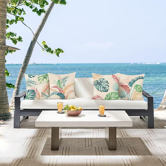 Bonhause Tropical Leaves Throw Pillow Covers 18 x 18 Inch Set of 4 Pink Green Palm Leaf Polyester Linen Decorative Pillow Cases for Couch Sofa Bed Home Garden Outdoor Décor