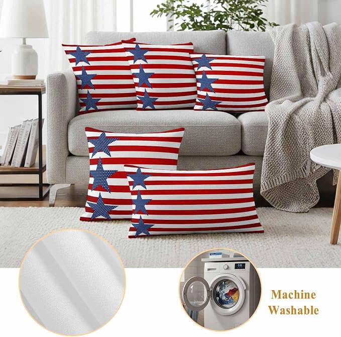 4th of July Outdoor Throw Pillows Covers 20x20 inch Set of 2 Waterproof Patriotic American Flag Zippered Cushion Covers for Patio Furniture, Red White and Blue Stars Stripes Lumbar Pillowcases