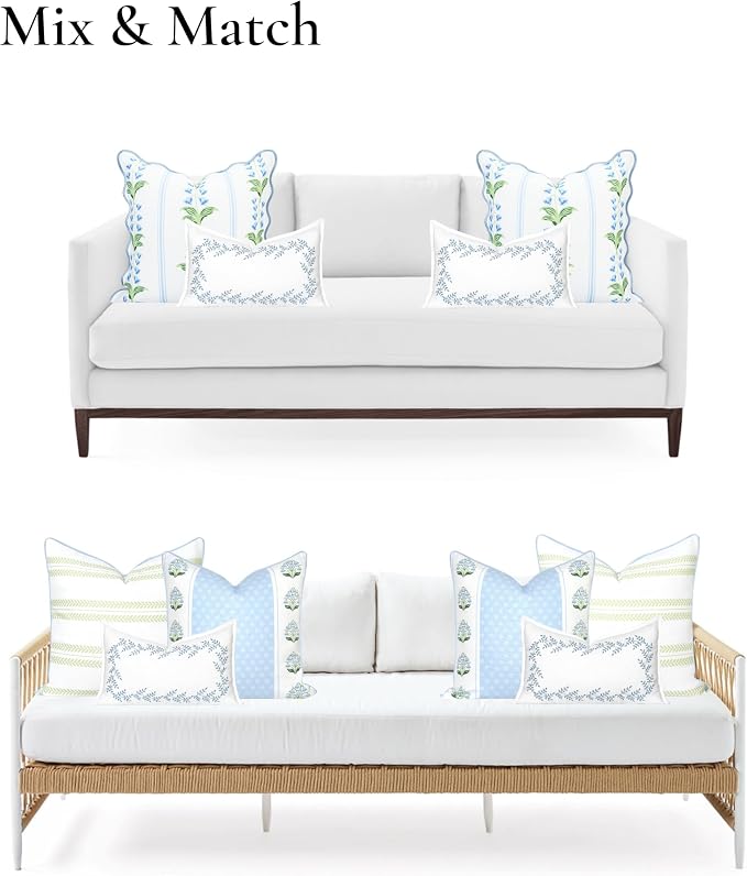 Hofdeco Premium Grandmillennial Coastal Hampton Patio Indoor Outdoor Lumbar Pillow Cover Only, 12"x20" Water Repellent for Backyard, Couch, Poolside, Baby Blue Embroidered Leaves Frame