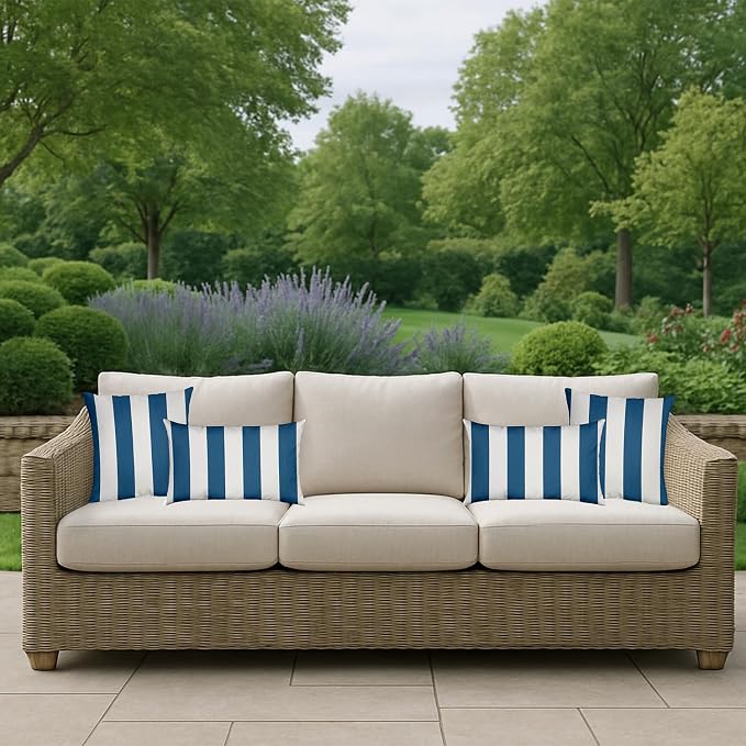 RSH DECOR: Sunbrella Lumbar & Square Pillows Set of 4 | 20" x 12" & 17" x 17" | Water and Fade-Resistant Performance Fabric | Outdoor Throw Pillows for Patio Furniture | Cabana Regatta