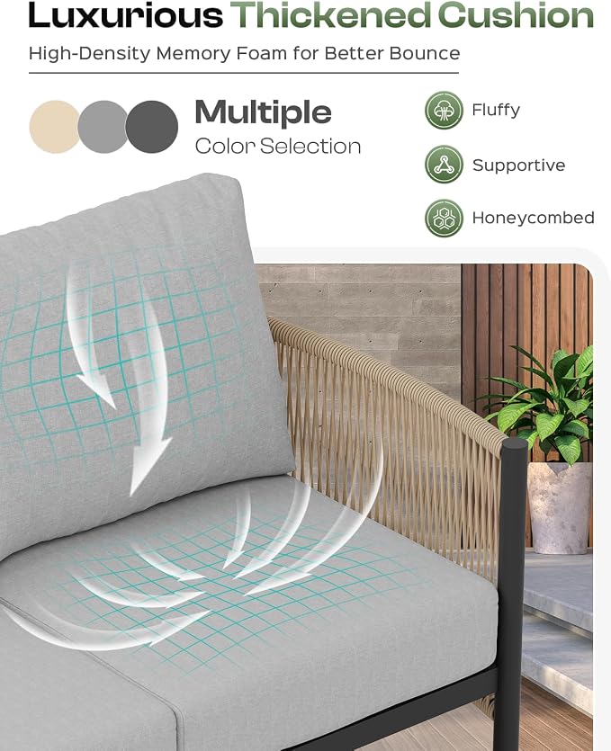 Aluminum Outdoor Patio Furniture Set with Dual-Layer Coffee Table, 5 Piece Modern Patio Conversation Sets with PE Rope, Outdoor Sectional Sofa with Thick Cushions for Balcony, Yard, Gray