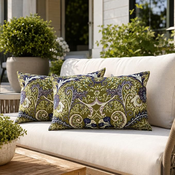 Outdoor Lumbar Pillows 12"x20" Waterproof Patio Pillows with Inserts | Set of 2 Fade Resistant Outdoor Waterproof Lumbar Pillow Decorative Garden Lumbar Cushions for Home Patio Terrace Sofa