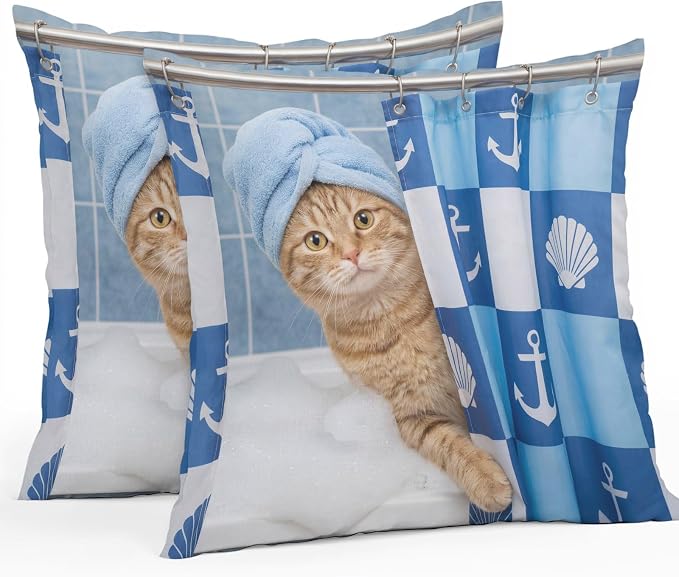 Bathing Cat Waterproof Outdoor Pillow Covers Set of 2 Home Decor, Funny Animal Showering Pillowcase Patio Pillow Covers for Couch Bench Patio Furniture Garden 16x16in