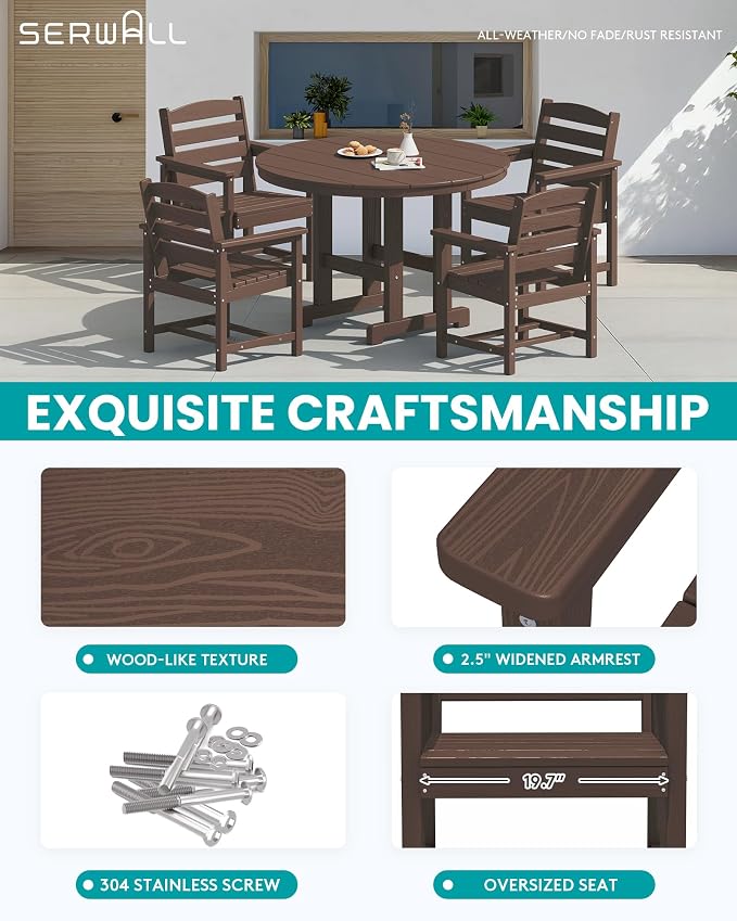 SERWALL 6-Piece Patio Dining Sets, HDPE Outdoor Table and Chairs Furniture Set with Umbrella, 45" Round Dining Table & 4 Dining Chairs & 1 9FT Umbrella, Coffee(Not Include Umbrella Base)