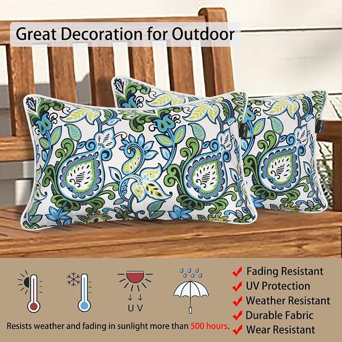 Magpie Pack of 2 Outdoor/Indoor Lumbar Pillow Case Covers 12"x20", Waterproof Rectangular Throw Pillowcase Shell Decorative Cushion Sham for Home Patio Garden Tent Couch - Floral Blue Green