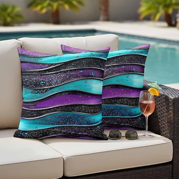 JasmineM Outdoor Pillow Cover 20x20 Inches Set of 2 Abstract Purple Teal Wave Waterproof Throw Pillow Covers Modern Black Strips Decorative Pillowcases Garden Cushion Case for Patio Couch Sofa