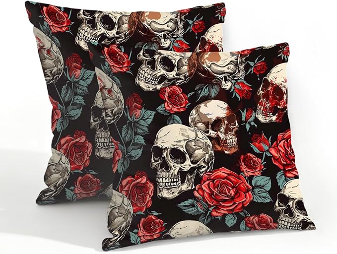 20x20 Inch Outdoor Pillow Covers Set of 2 Waterproof Throw Pillow Covers Decorative Couch Cushion Covers Floral Rose Skull Square Pillowcases Protectors for Patio Garden Sofa