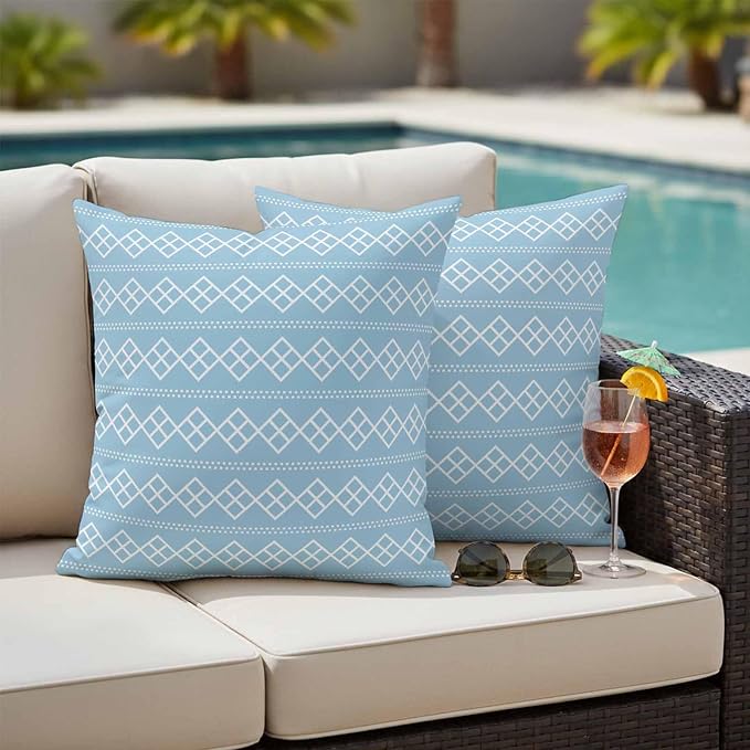 Blue Boho Outdoor Pillow Covers 20x20 Inch Throw Pillow Covers Set of 2 Waterproof Decorative Pillow Cases Vintage Ethnic Tribe Abstract Art Geometric Cushion Covers for Patio Furniture Garden Couch