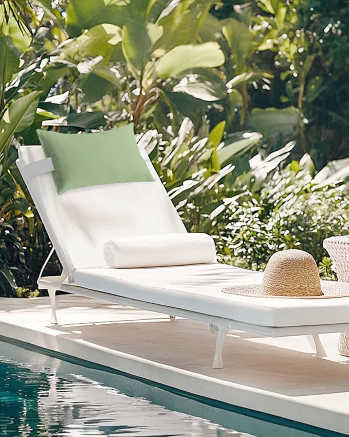 Chaise Lounge Chair Pillow with Strap & Insert Sage Green Outdoor Recliner Head Pillow Pack of 2 Solid Green Color Waterproof Headrest Patio Lumbar Pillow for Beach Pool Office Chair 11x16 Inch