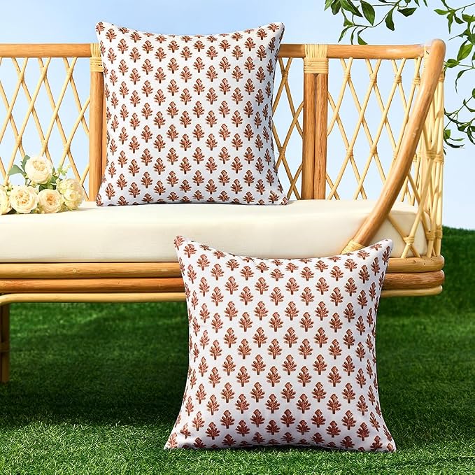 Outdoor Pillow Covers 18x18 Set of 2 Boho Rust Floral Accent Print Decorative Fall Pillow Cases for Outdoor Waterproof Patio Furniture Garden Porch Sofa Bed Cushion Covers Home Decor JB005-H18
