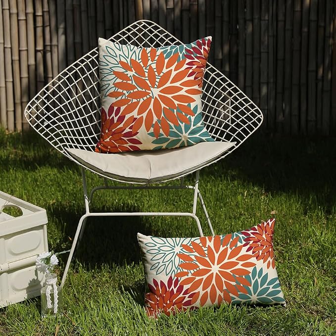 DFXSZ Outdoor Waterproof Pillow Covers 12x20 Set of 2 Orange Teal Flower | Spring Summer Waterproof Flower Throw Pillowcases（No Inserts）Outdoor Decor for Fall Patio Funiture Garden Polyester Covers