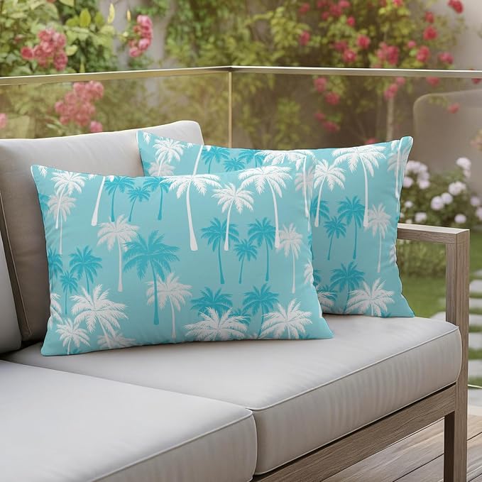 Lumbar Pillow Covers 20x12 Inch Set of 2, Tropical Palm Tree Waterproof Outdoor Pillow Covers, Blue Cyan Plants Coastal Leaf Beach Decorative Cushion Pillowcases for Couch, Sofa, Bed, Garden, Patio