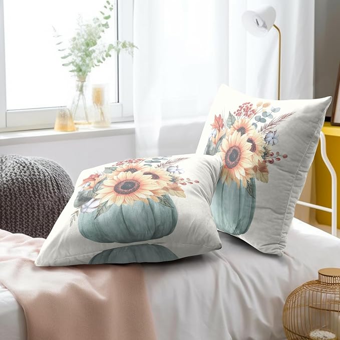 Fall Throw Pillow Covers 16x16 Set of 2, Blue Pumpkin Sunflower Leaves Autumn Season Farmhouse Decorative Pillow Cases for Sofa Bed Couch Harvest Thanksgiving Day Home Decor