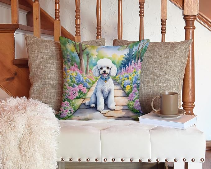 Caroline's Treasures White Poodle Spring Path Throw Pillow Machine Washable, Indoor Outdoor Decorative Pillow for Couch, Bed or Patio, 14Hx14W