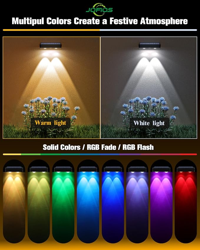 JOFIOS Solar Fence Lights 8 Pack, 50 Lumens Outdoor Fence Solar Lights with 12 Modes RGB Color Glow LED Solar Lights Outdoor Waterproof, Solar Lights for Patio, Backyard, Deck, Fence, Railing.