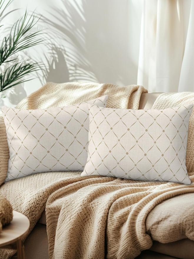 Vandarllin Waterproof Outdoor Pillow Set of 2 Beige Grid Plaid Decorative Throw Pillows Cover & Insert 20x12 Inch Lumbar Pillowcase Diagonally Crossed Lines Pillows for Couch Sofa Bed Patio Furniture
