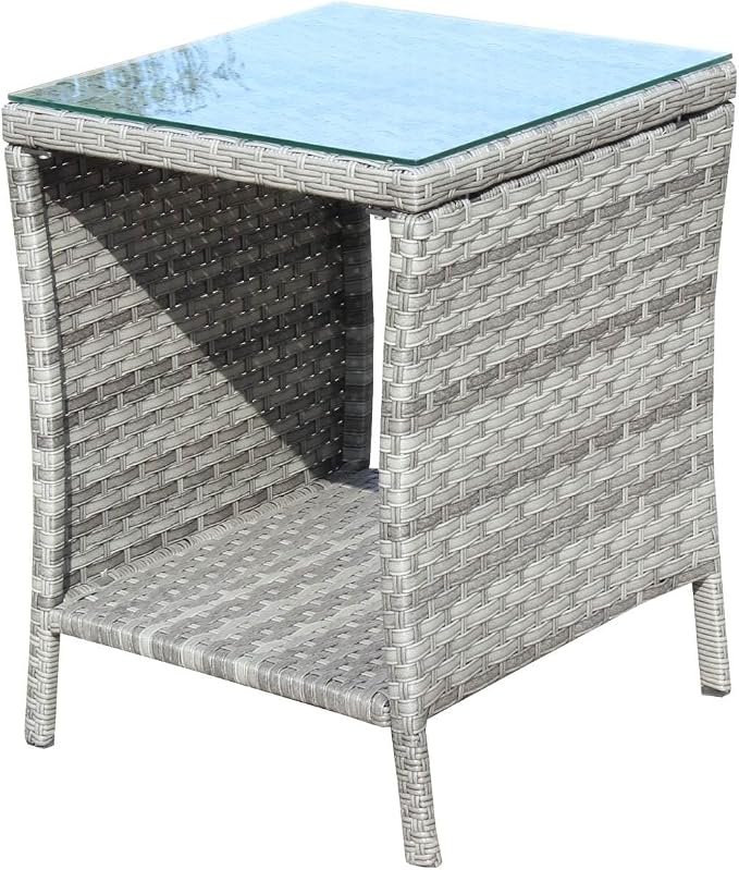 Rattan Side Table with Glass Top, Outdoor Wicker End Table for Patio, Porch, Garden, 19.25" Square, 21" Tall, 120 Lbs Capacity, Weather-Resistant PE Rattan, Easy Assembly