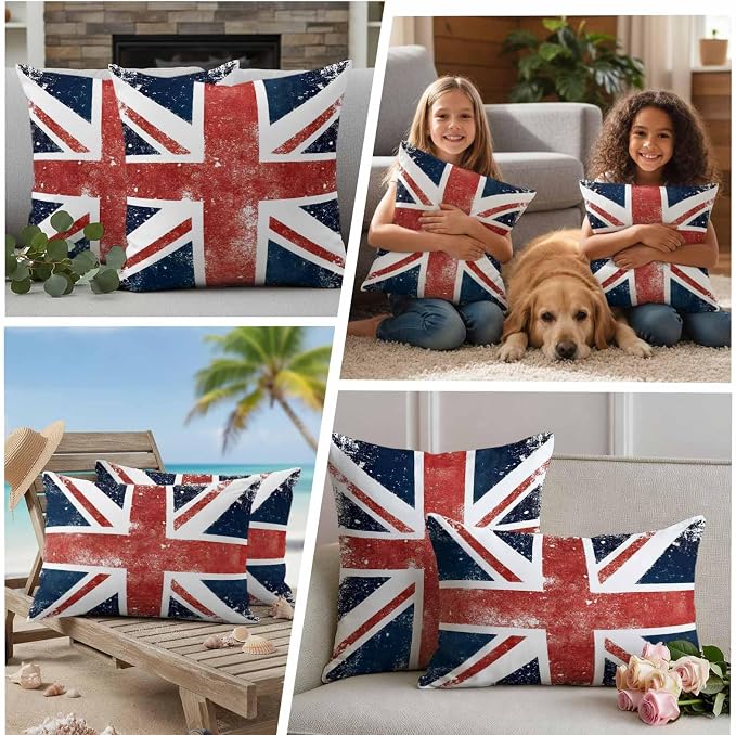 4th of July Outdoor Throw Pillows Covers 26x26 inch Set of 2 Waterproof British Flag Decorative Zippered Cushion Covers for Patio Furniture, Vintage Mottled National Flag Lumbar Pillowcases