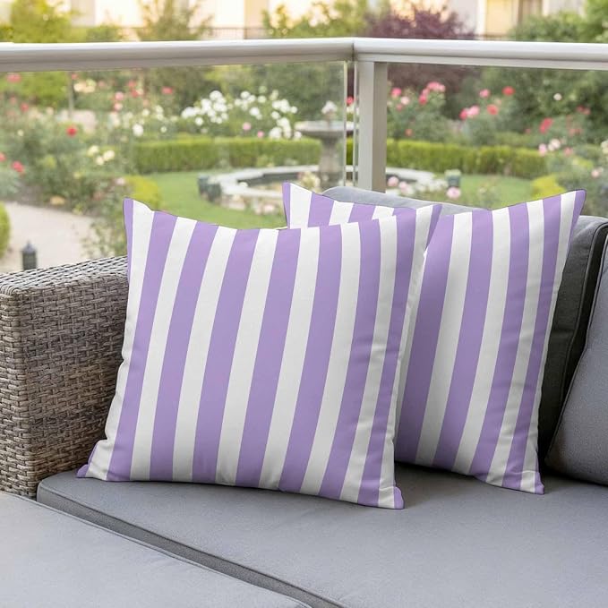 Purple Striped Outdoor Waterproof Throw Pillow Covers 26x26 Set of 2, Modern Farmhouse Purple White Stripes Decorative Pillowcases Cushion Pillowcase for Couch Sofa Patio Outside Pillow Protector
