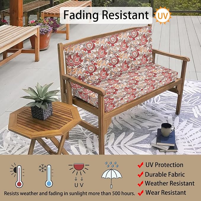 Magpie Fabrics Patio Bench Cushion Cover 42x18x3 Inch, NO Insert! Water Resistant Outdoor Loveseat Replacement Cover with Zipper (Botanical Red Orange)