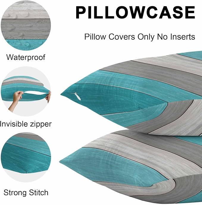 Outdoor Throw Pillow Covers 18X18 Set of 2 Waterproof Ombre Aqua Blue Gray Decorative Zippered Cushion Covers for Patio Furniture, Farmhouse Retro Rustic Barn Wood Texture Lumbar Pillowcases