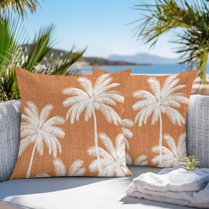 Outdoor Pillow Covers 24x24 Inch Set of 2, Burnt Orange Palm Trees Waterproof Throw Pillow Covers, Farmhouse Tropical Summer Beach Decorative Cushion Pillowcases for Couch, Sofa, Bed, Garden, Patio