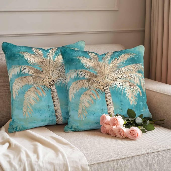 Coastal Beach Tree Outdoor Waterproof Pillow Covers, Vintage Teal Brown Decorative Square Throw Pillowcase, Tropical Palm Tree Sofa Cushion Sham for Patio/Couch/Chair, 16"x16" 2 Pack