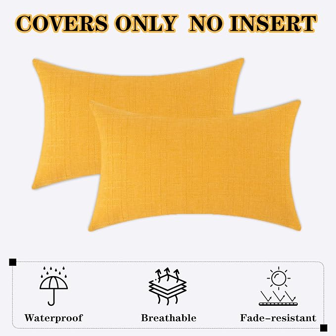 Kevin Textile Outdoor Waterproof 12”x20” Pillow Covers 2 Pack, Dark Yellow | Water Resistant, Soft Faux Linen-cotton Yarn-dyed Woven Texture Throw Pillow Covers for Tent Patio Garden Couch Sofa
