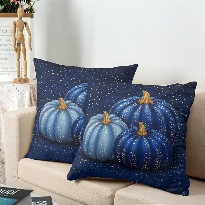 Fall Throw Pillow Covers Autumn Thanksgiving Pillowcases Harvest Navy Blue Pumpkin Pillow Covers 18x18 Set of 2 Gold Dotted Pumpkins Cushion Cases for Bedroom Living Room Patio