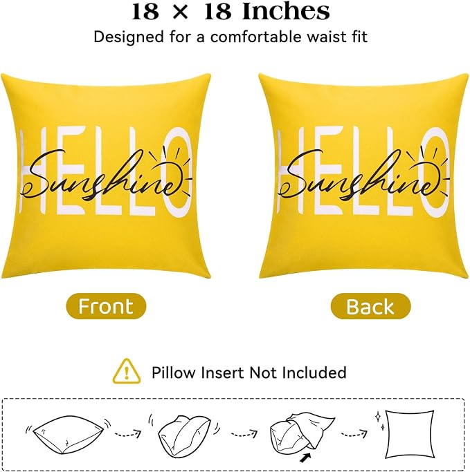 Lewondr Waterproof Outdoor Throw Pillow Cover, 18×18", Yellow | 2 Pack, Hello Sunshine Printing, Summer Garden Decor, For Patio Sofa, Balcony Couch, Bench Porch