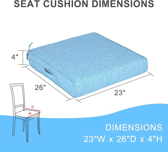 Aoodor Patio Chair Cushions Set of 4, 23 x 26 x 4 Inch Water Resistant Outdoor Seat Cushions with Handle and Ties, Square Corner Cushions for Patio Furniture Garden Lawn, Lake Blue