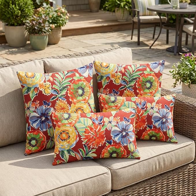RSH DECOR: Lumbar & Square Throw Pillows Set of 4 | 20" x 12" & 17" x 17" | All-Weather Spun Fabric | Water and Fade-Resistant | Outdoor Accent Pillows for Patio Furniture | Colsen Berry