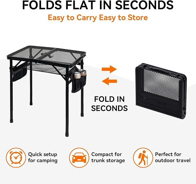 2Ft Foldable Grill Table for Camping, Portable Metal Mesh BBQTable with Dual Side Storage Bags, Lightweight Folding Outdoor Cooking Table for Picnic, RV Travel, Beach & Backyard BBQ