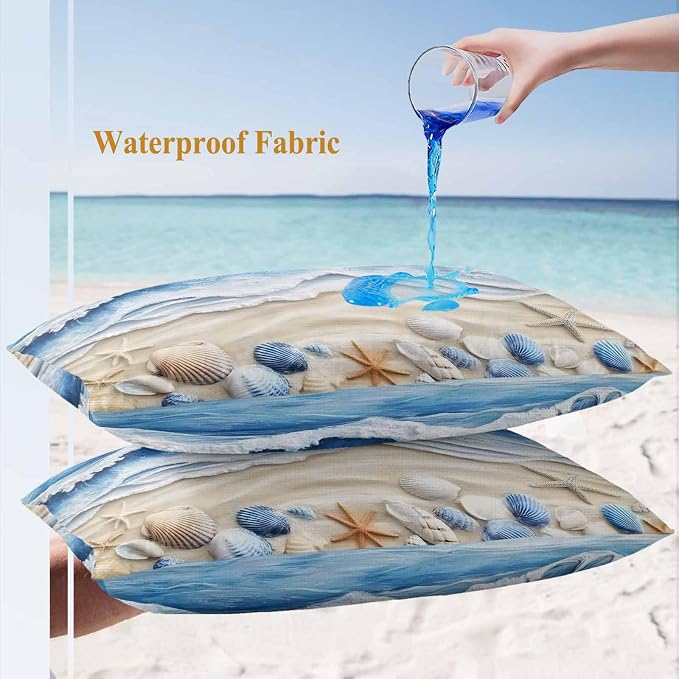 Summer Beach Outdoor Waterproof Throw Pillow Covers Set of 2, 20"x12", Seashell Starfish Nautical Coastal Decorative Pillow Covers Outside Cushion Case for Patio Porch Garden