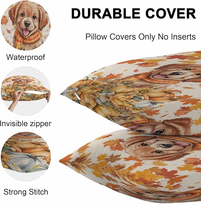 Orange Cute Dog Outdoor Waterproof Pillow Covers, Fall Pumpkins Maple Leaves Retro Pastoral Decorative Square Throw Pillowcase Sofa Cushion Sham for Patio/Couch/Chair, 16"x16" 2 Pack