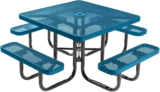 COATEDOUTDOORFURNITURE Heavy-Duty Portable Outdoor Picnic Table with Umbrella Hole, Expanded Metal Commercial-Grade Patio Dining Furniture Made in America (46" Square Top, Light Blue)