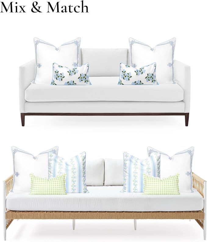 Hofdeco Premium Grandmillennial Coastal Hampton Patio Indoor Outdoor Throw Pillow Cover Only, 22"x22" Water Repellent for Backyard, Couch, Poolside, Baby Blue Embroidered Chinoise Lucky Knots