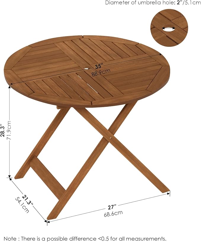 Furinno TIOMAN Folding Patio Dining Table, Outdoor Wooden Table with Umbrella Hole, Round 4-Person Patio Table for Garden, Porch, Backyard, Light Wood