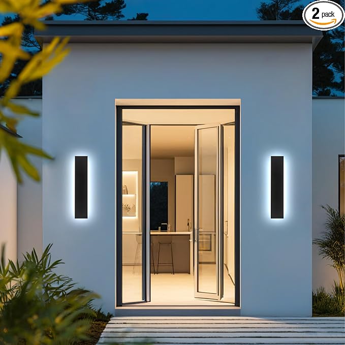AioTio 23.6in 2pcs Modern Outdoor Wall Light, Upgraded 4.72in Wide Outdoor Wall Sconce, Dimmable Waterproof IP65 Long LED Black Garage Lights, Exterior Wall Lighting fixtures for House, Front Door