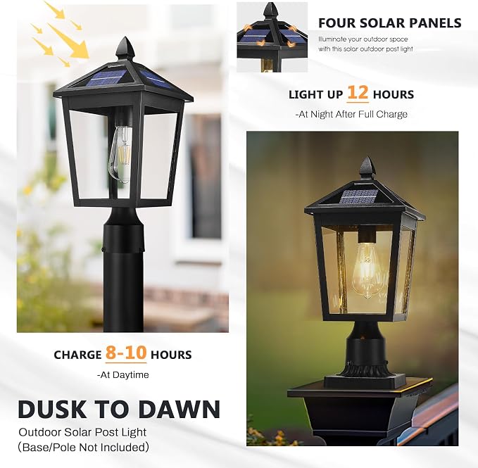 zeyu 17 Inch Solar Outdoor Post Light, Outdoor Lamp Post Light Fixture with Remote, Die-Cast Aluminum with Clear Glass Shade, Black Finish, ZYX115P-SL BK
