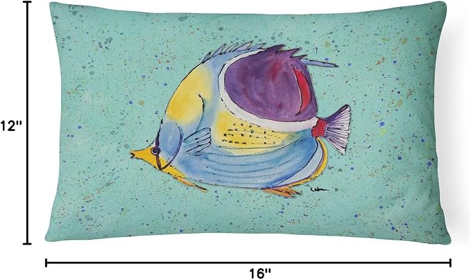 Caroline's Treasures 8576PW1216 Tropical Fish on Teal Canvas Fabric Decorative Pillow Machine Washable, Indoor Outdoor Decorative Pillow for Couch, Bed or Patio, 12HX16W