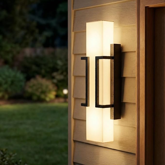 Hyunbae Modern Outdoor Wall Sconce Lights, Black Dimmable LED Porch Light | 16" Exterior Lighting Fixtures, IP65 Wall Mount Waterproof, White Glass Shade, House Garage Patio Use, 3000K Warm Glow