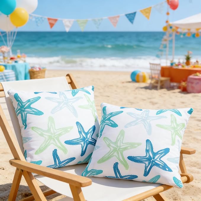 cygnus Starfish Outdoor Pillow Covers 18x18 Waterproof Coastal Throw Pillow Covers Nautical Beach Theme Decorative Square Cushion Case for Patio Furniture Garden Sofa Set of 2，Blue and Green