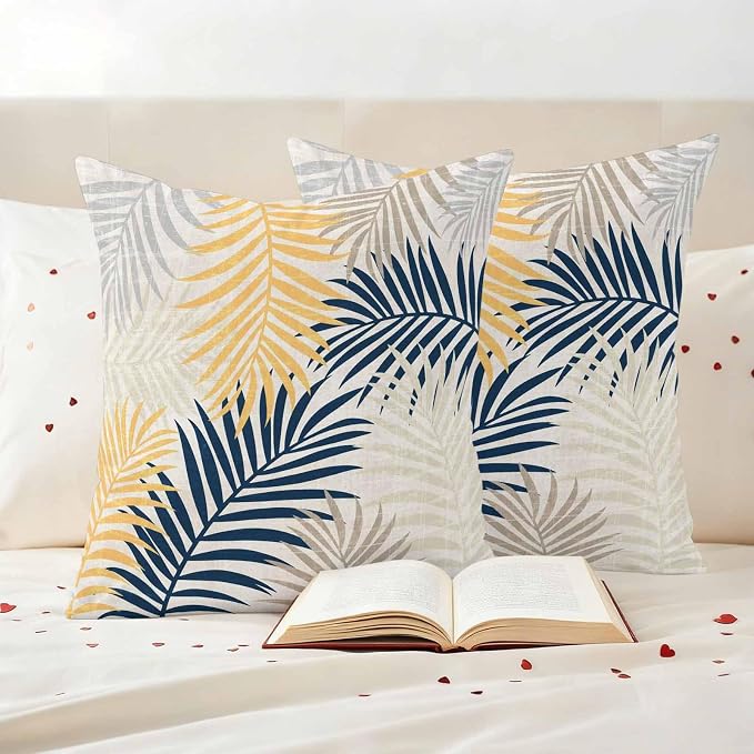 Outdoor Waterproof Throw Pillow Covers, Blue Yellow Palm Leaves Decorative Pillow Cases, Summer Botanical Tropical Leaf Couch Pillow Protector Patio Sofa Cushion Covers Replacement 24"x24" 2 Pack