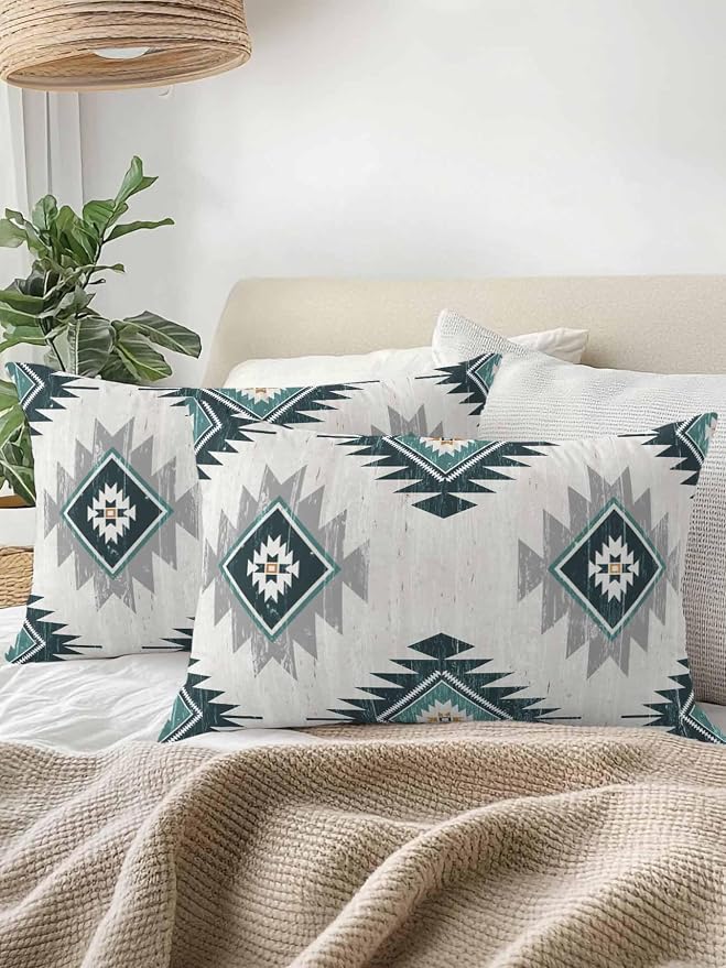 Waterproof Outdoor Pillow 1 Pack Turquoise Boho Aztec Decorative Throw Pillows Cover & Insert 20x12 Inch Lumbar Pillowcase Southwest Tribal Style Pillows for Couch Sofa Bed Patio Furniture