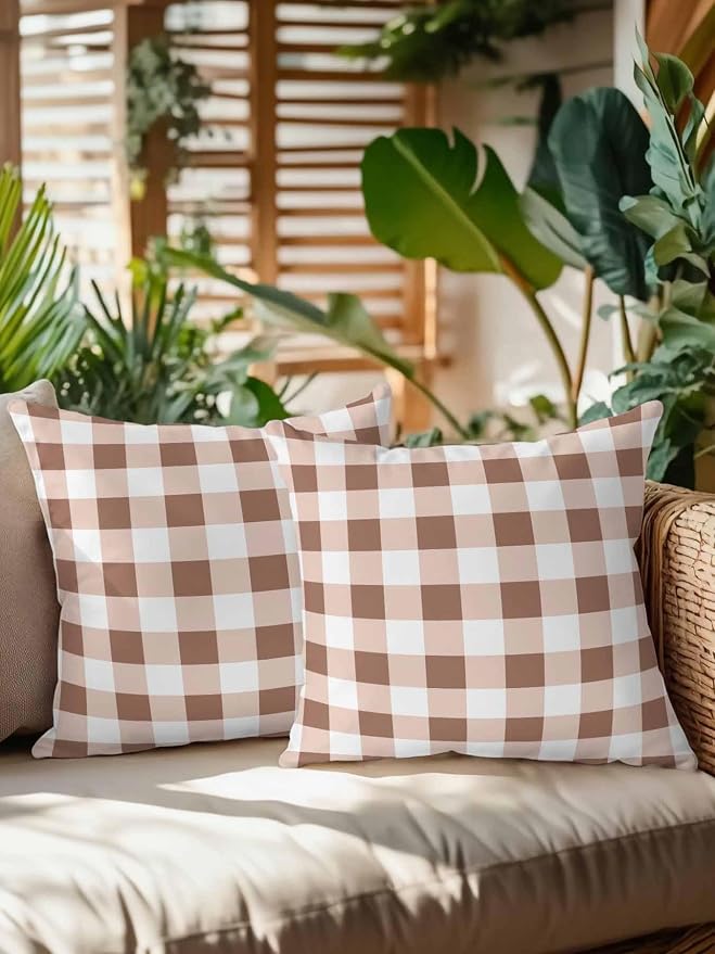 Waterproof Outdoor Pillow Set of 2 Brown Buffalo Plaid Decorative Throw Pillows Cover & Insert 18x18 Inch Pillowcase Check Lines Square Pillows for Couch Sofa Bed Patio Furniture Indoor Outdoor