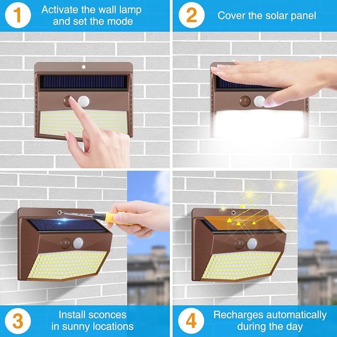 16 Packs Solar Outdoor Lights Motion Sensor Solar Security Light Waterproof with 3 Lighting Modes Solar Powered Wall Lights Outside for Garden Fence Yard, Brown