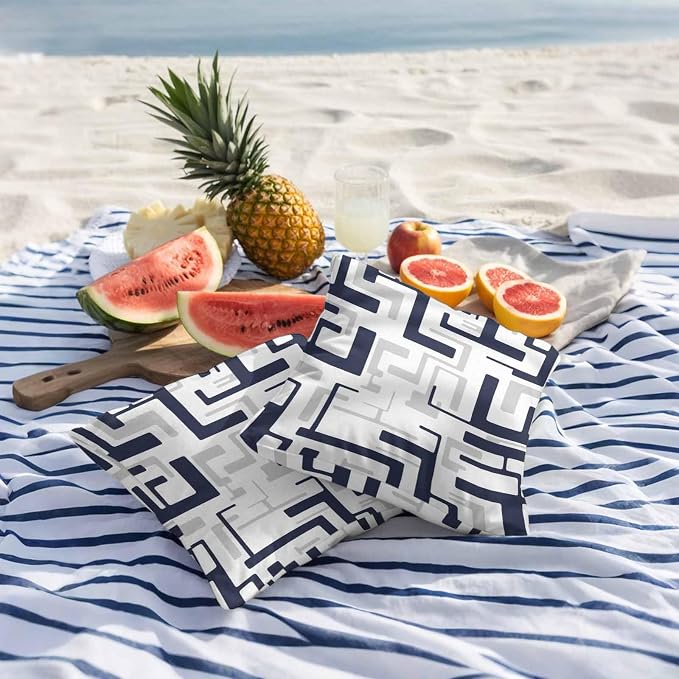 Vandarllin Outdoor Throw Pillows Covers 16x16 inch Set of 2 Waterproof Navy Blue Geometric Stripes Decorative Zippered Cushion Covers for Patio Furniture, Modern Abstract Lines Lumbar Pillowcases