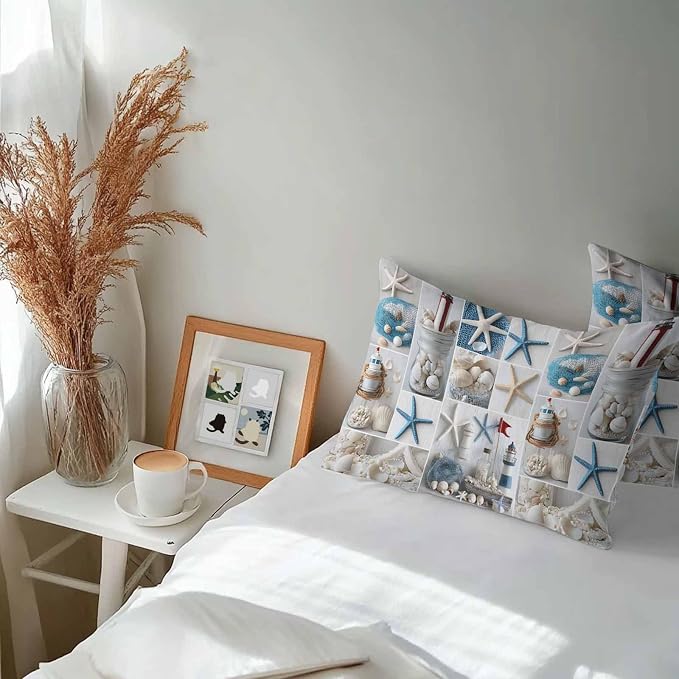 Summer Coastal Grid Outdoor Throw Pillow Cover Ocean Starfish Lighthouse Pearl Waterproof Cushion Covers 2 Pack Nautical Pillow Cases Home Decoration for Patio Garden Couch Sofa 20x12In